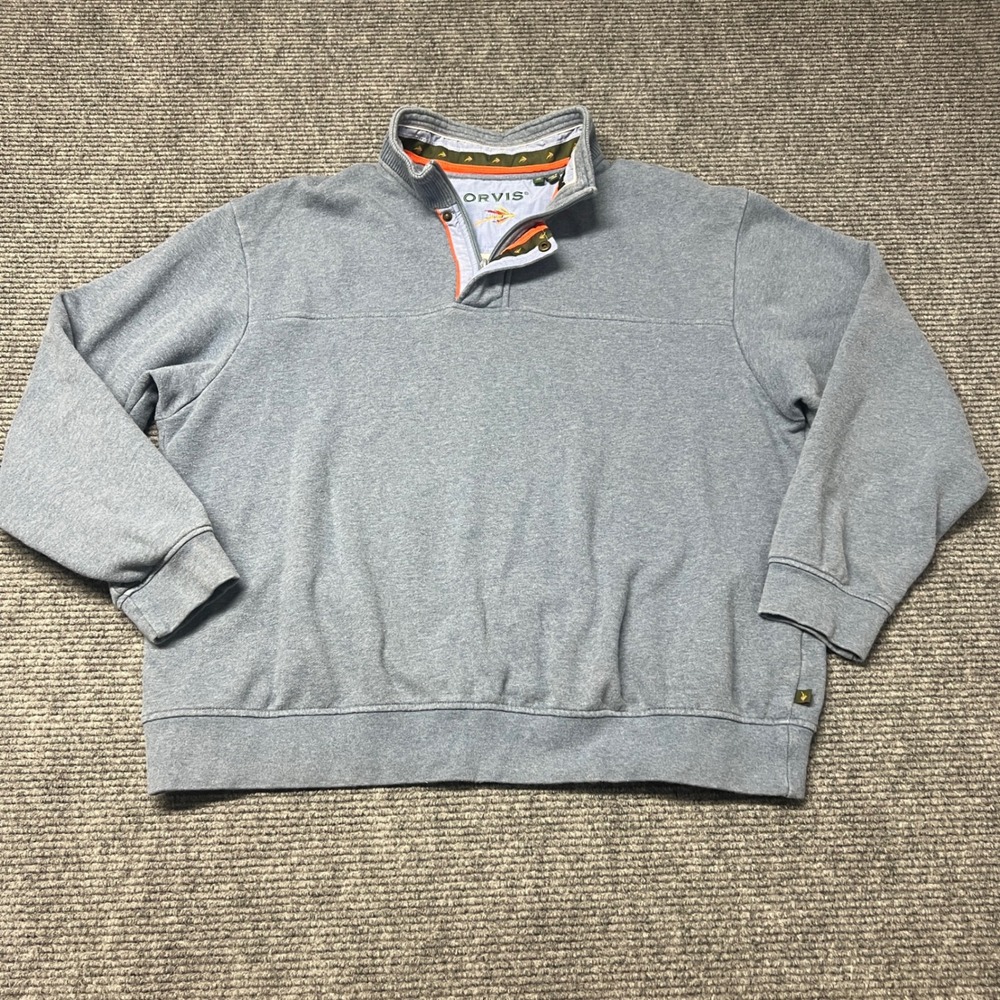 Orvis Mens‎ XL Blue Heathered Quarter Zip Snap Pullover Sweatshirt Fishing Trim